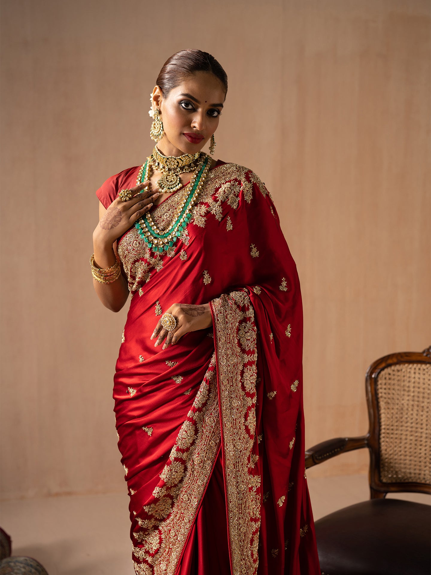 Red saree in pure satin silk with pure dabka handwork