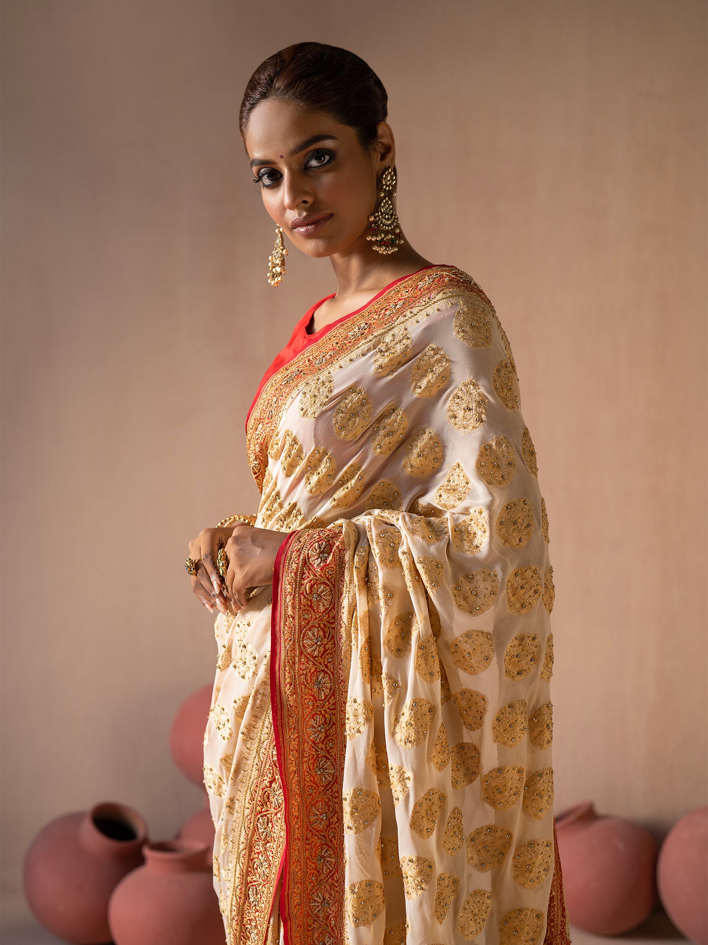 Luxurious dabka hand work saree in pure khaddi mysore georgette