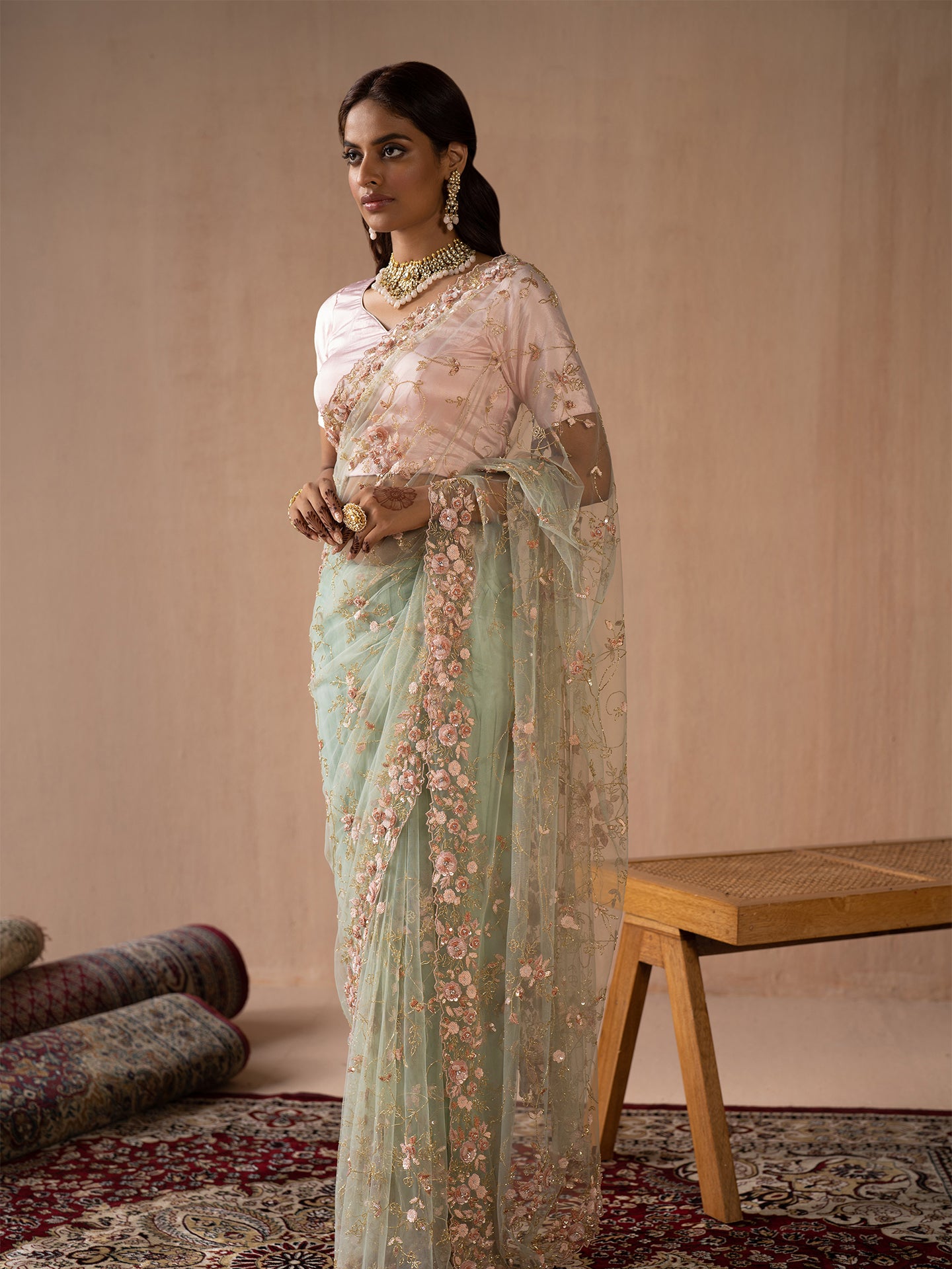 Dreamy sky blue saree in net with nakshi & sequin work .