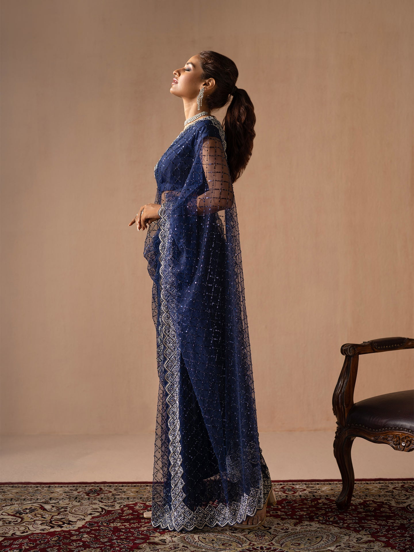 Classic Navy blue saree in net with kardana & sequin work – Malhotra's  Indian Heritage