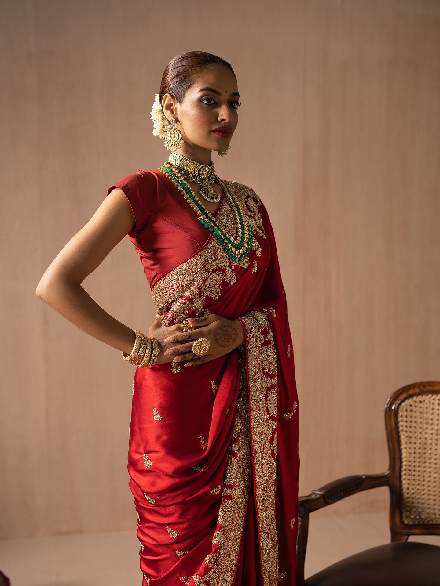 Red saree in pure satin silk with pure dabka handwork
