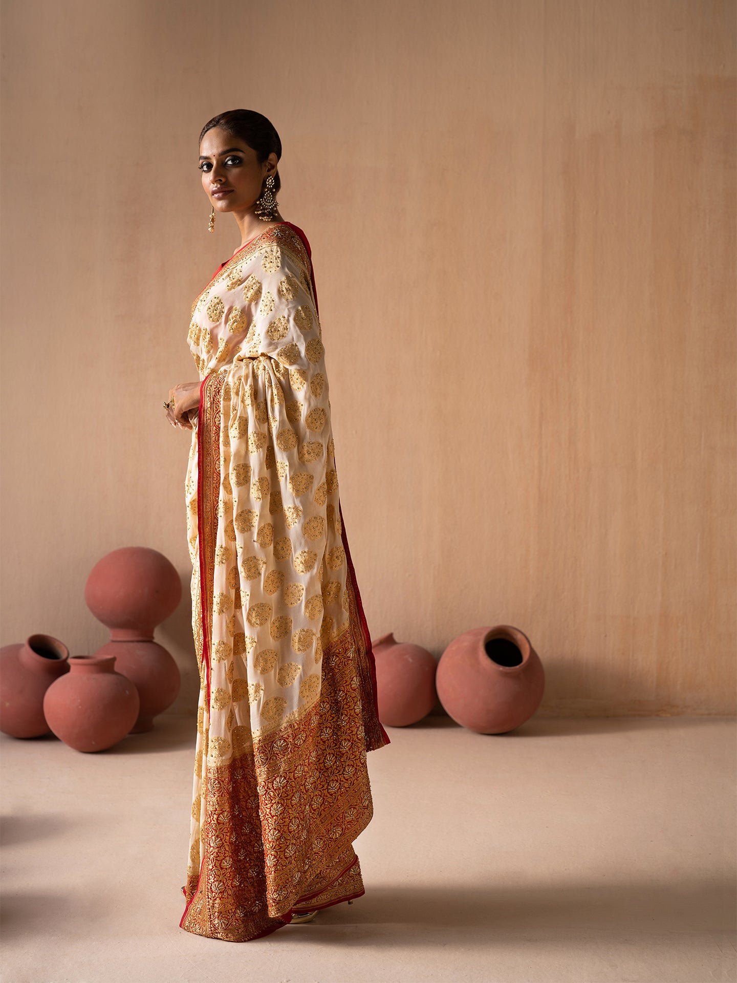 Pre-Stitched Gold Pure Tissue Saree & Zardozi Embroidered Blouse – Talking  Threads