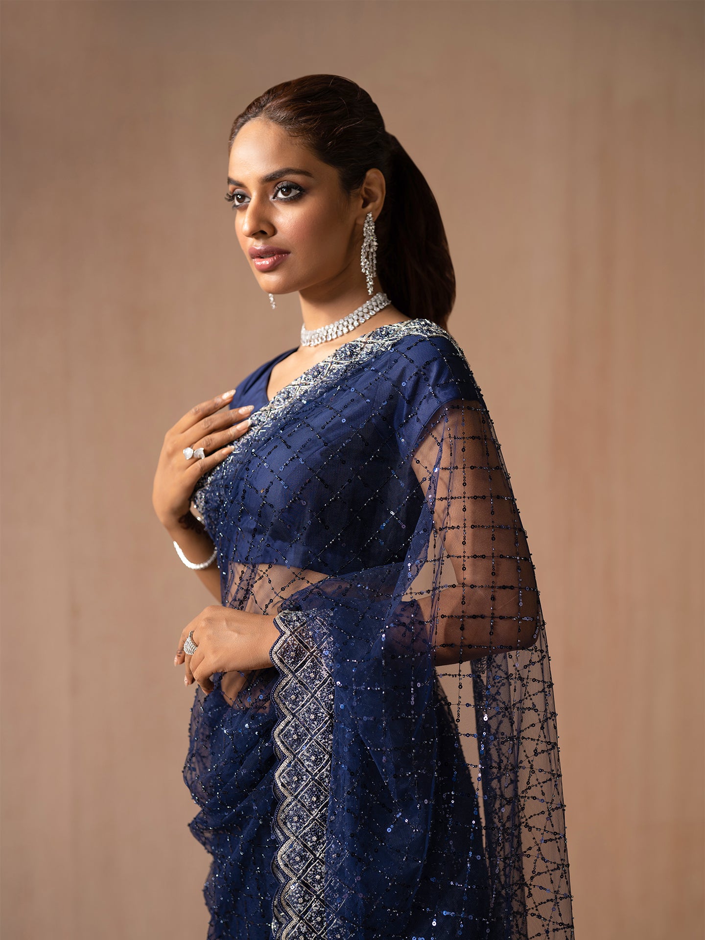 Classic Navy blue saree in net with kardana & sequin work