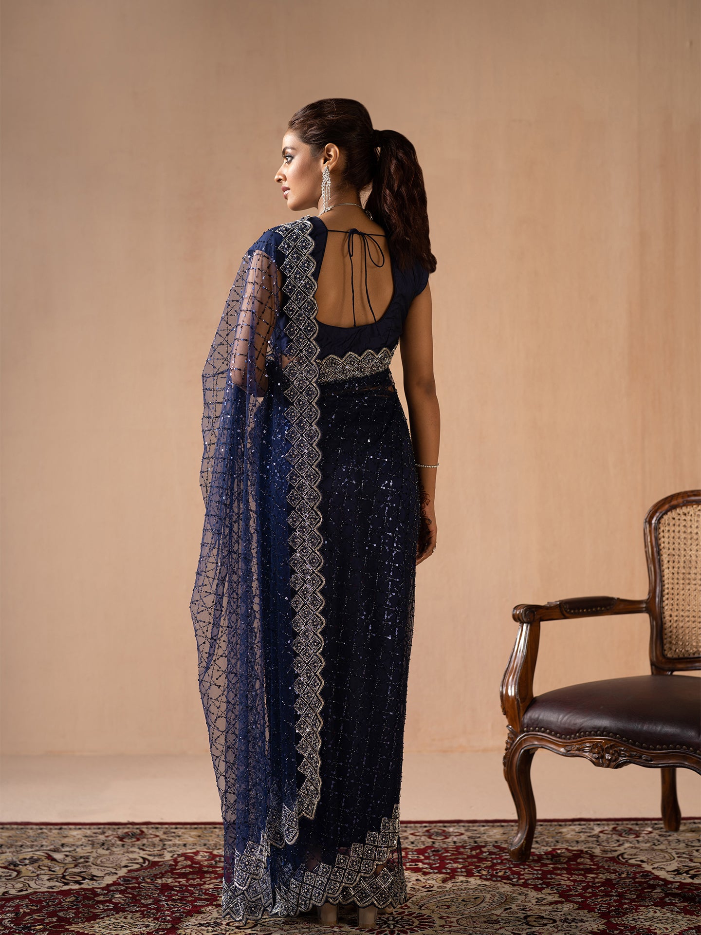 Classic Navy blue saree in net with kardana & sequin work